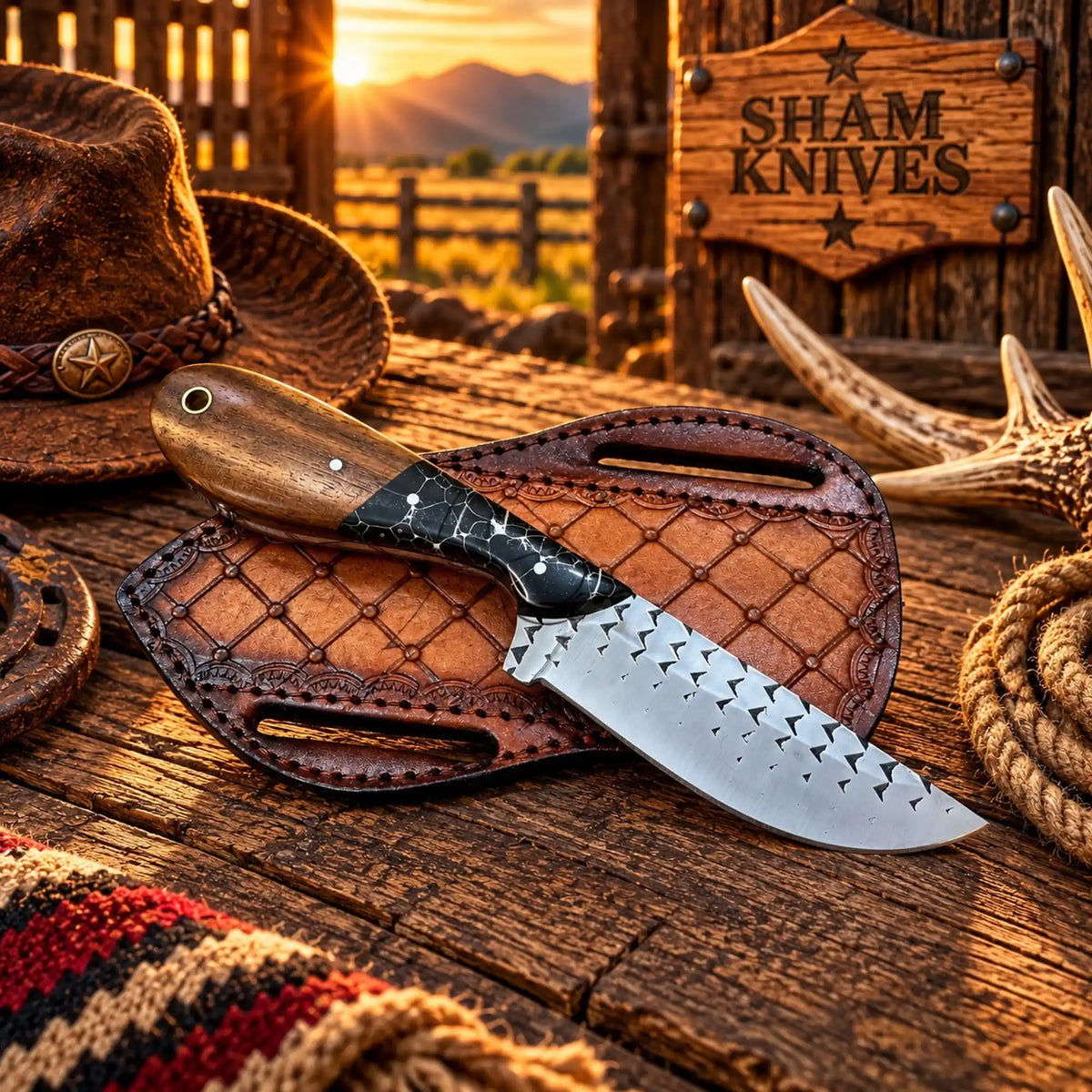 7.5”High Plains Western Skinning Knife Rasp Steel Wood & Turquoise Handle With Belt leather sheath