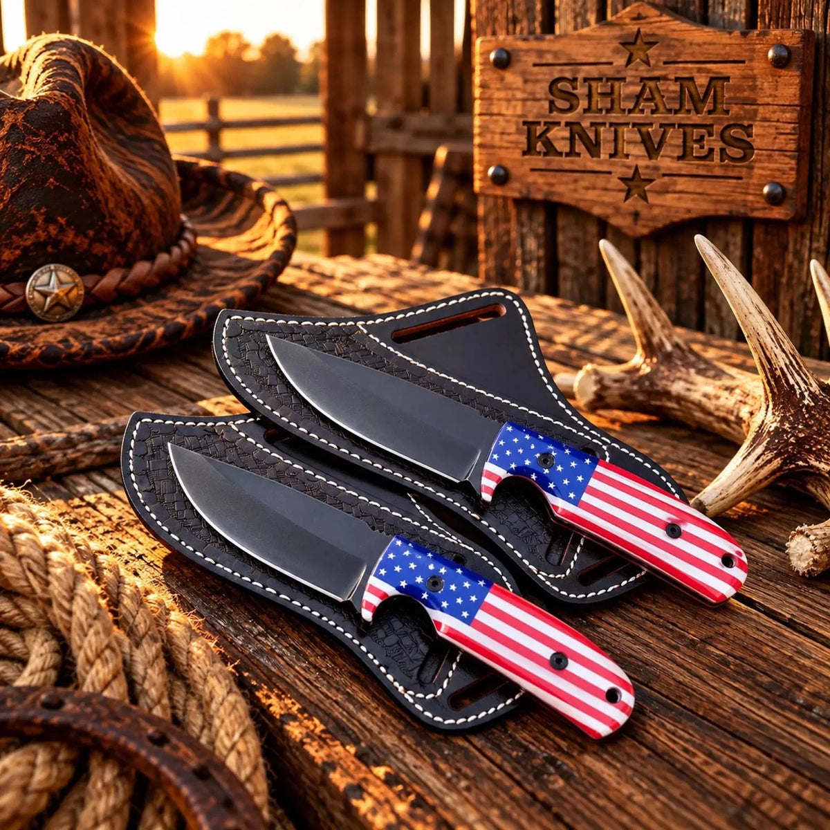 Liberty cowboy Ranch D2 Steel Hunting Knife Set – American Flag Handles with side belt leather sheath
