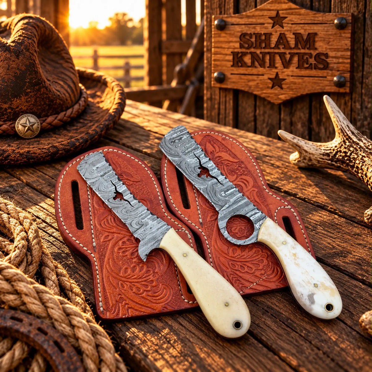 Long Horn Bull cutter Knifes set - 4” Damascus steel with camel bone Handles