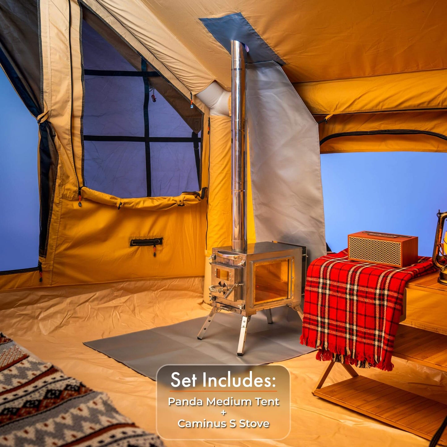 RBM Panda Medium Sunny Beige + Stove Caminus S - Inflatable Tents for Camping with Stove