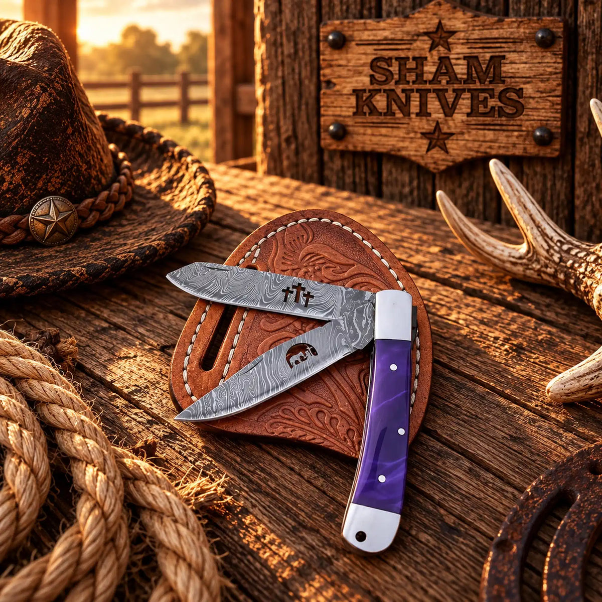 Midnight Blue Damascus Double-Blade Trapper Knife with Belt Sheath