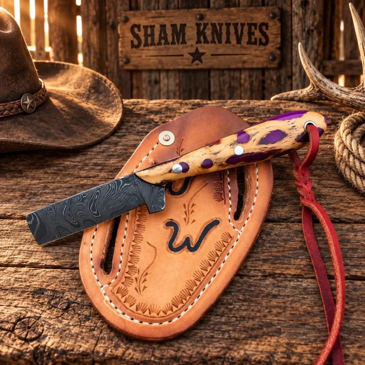 Pancake Sheath Bull Cutter Knife - 3.5" Damascus Steel Cholla Cactus Handle