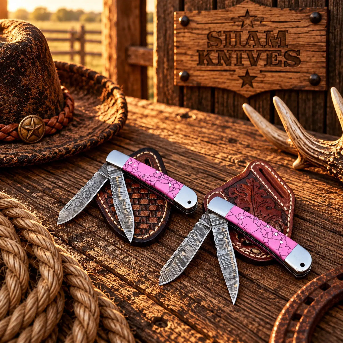 Pink Stone Damascus Trapper Knife Set with Pancake Leather Sheaths