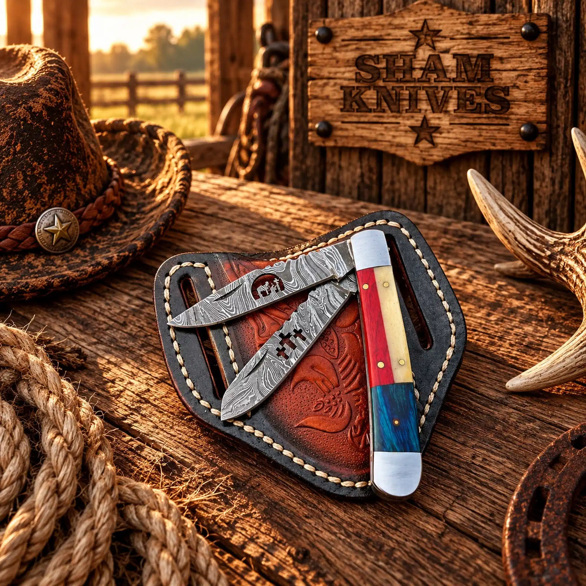 Praying Cowboy Damascus Trapper Knife – Texas Flag Handle