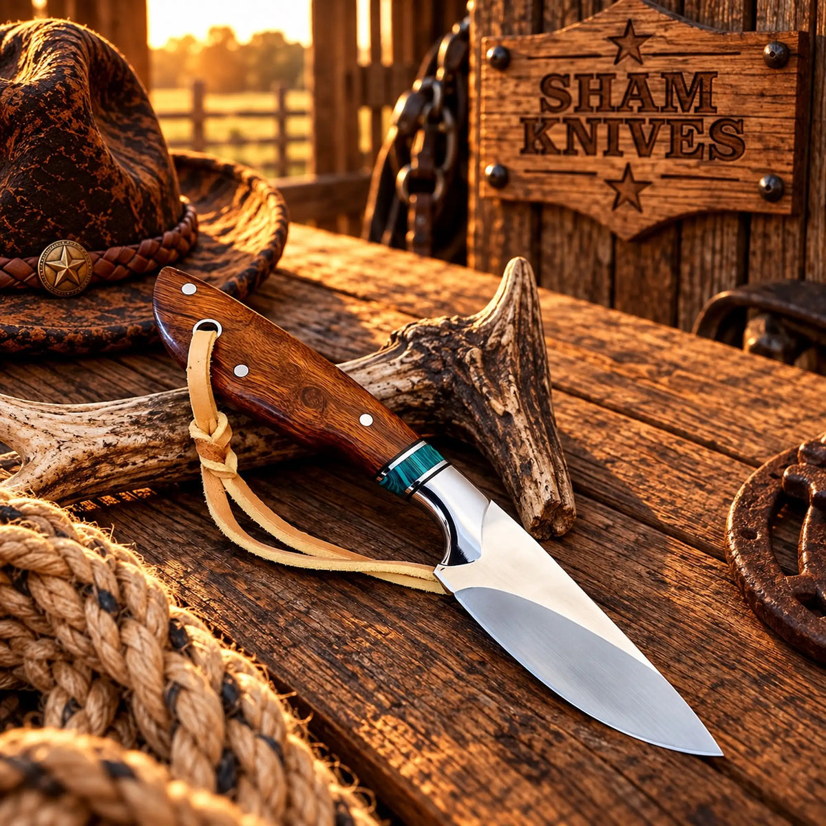 Ranch Rodeo Cowboy Skinning Knife – D2 Steel with Rose Wood & Turquoise Inlay Handle