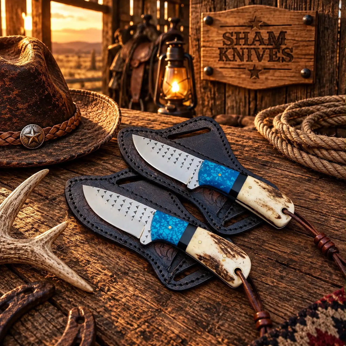 Rasp Steel Western Ranch Skinning Knife Set – Antler & Turquoise