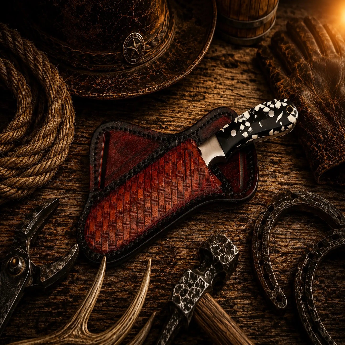 The Working Cowboy Field Knife – Handmade Damascus Steel Belt Knife with Resin Handle