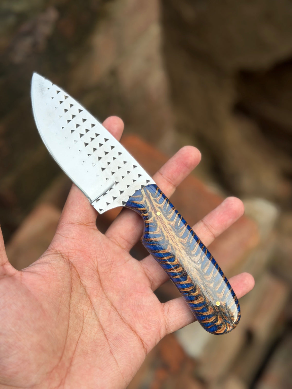 Handmade Blue Rustler Cowboy Knife 9" with blue and brown swirl resin handle