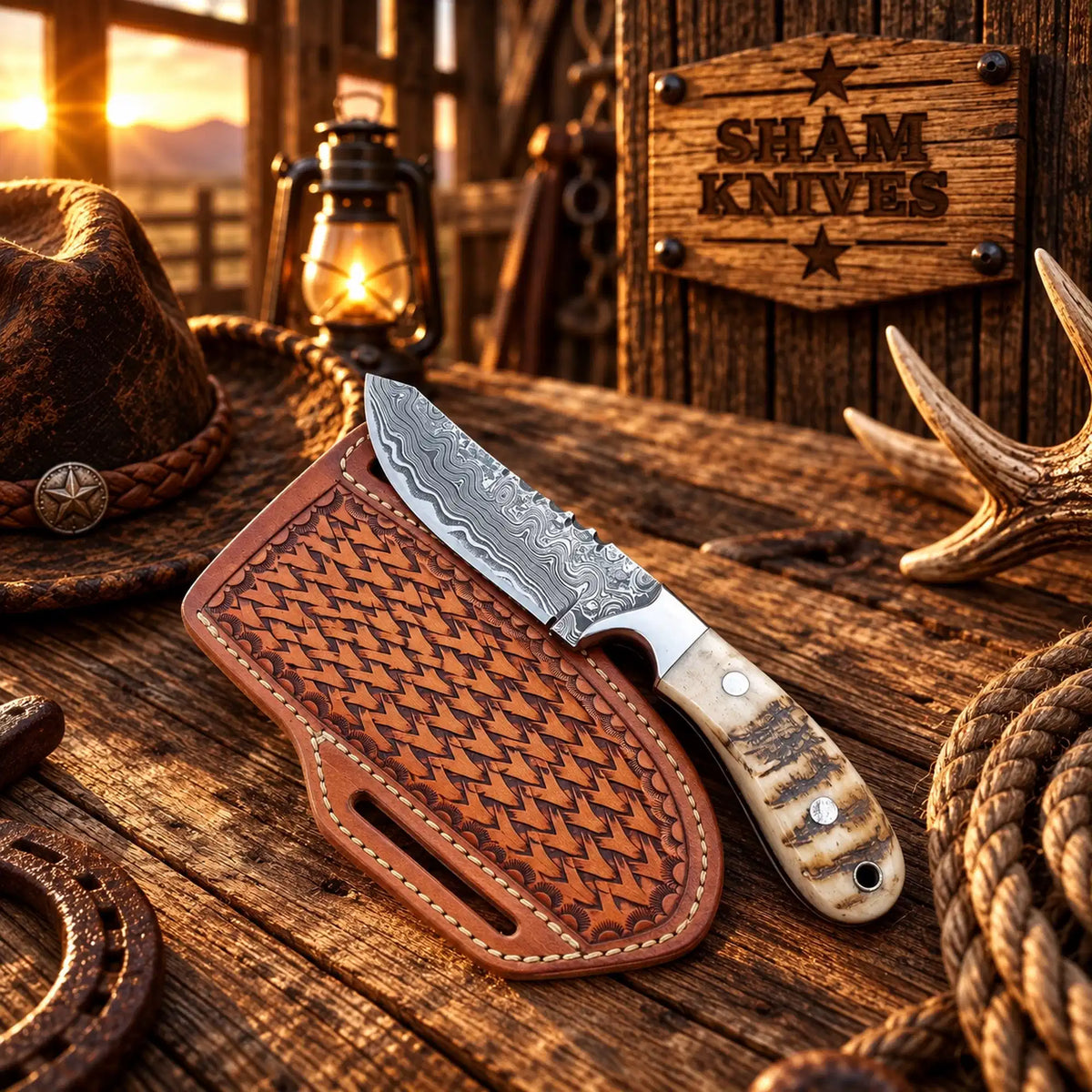 The Rodeo Night Damascus Skinner – Sheep Horn & Leather Sheath