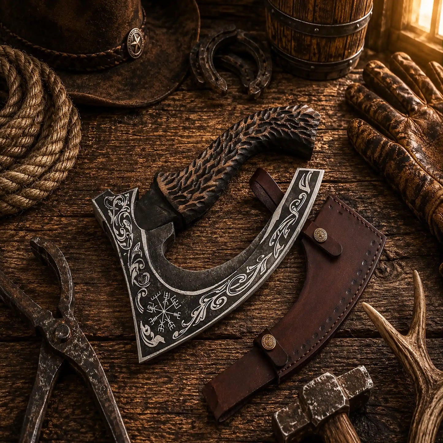 Handmade Carbon Steel Pizza Cutter Axe – Carved Rosewood Handle