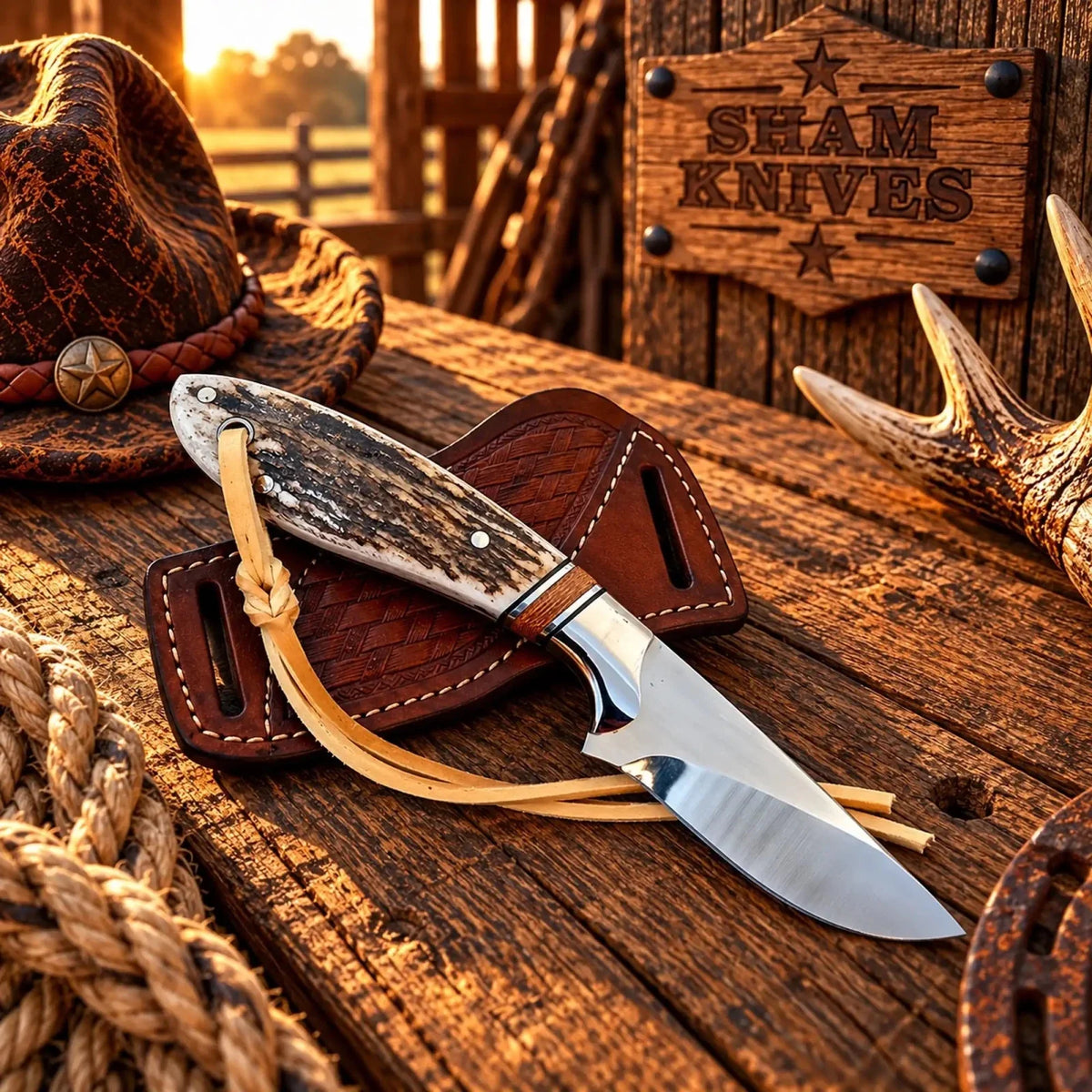 Stag Point Ranch Rodeo Cowboy Carry Knife – D2 Steel with Cross Draw Leather Sheath