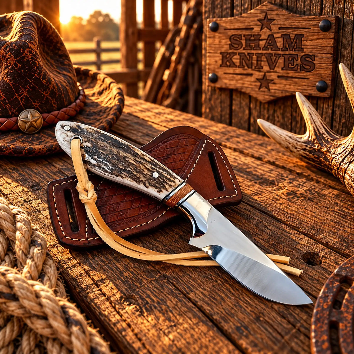 Stag Point Ranch Rodeo Cowboy Carry Knife – D2 Steel with Cross Draw Leather Sheath