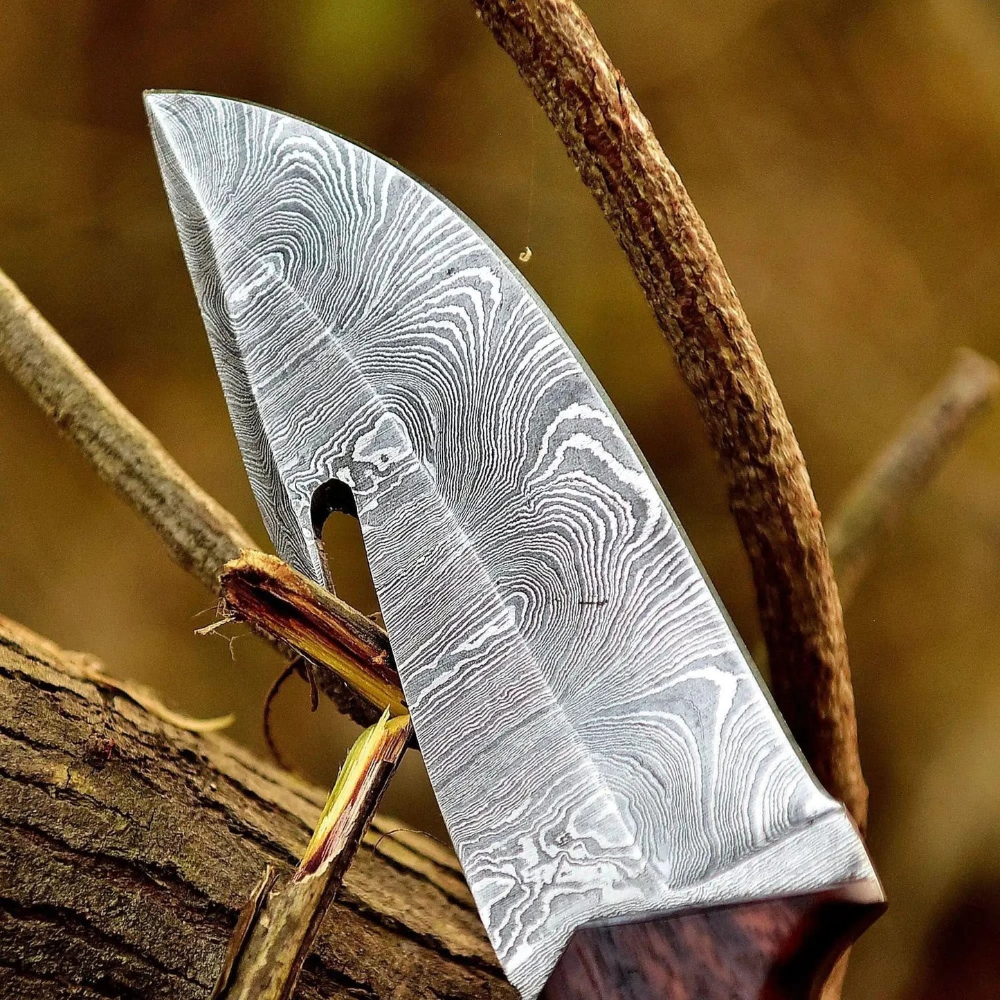10-Inch Damascus Gut Hook Hunting Knife — Bone, Turquoise Resin & Rosewood Handle