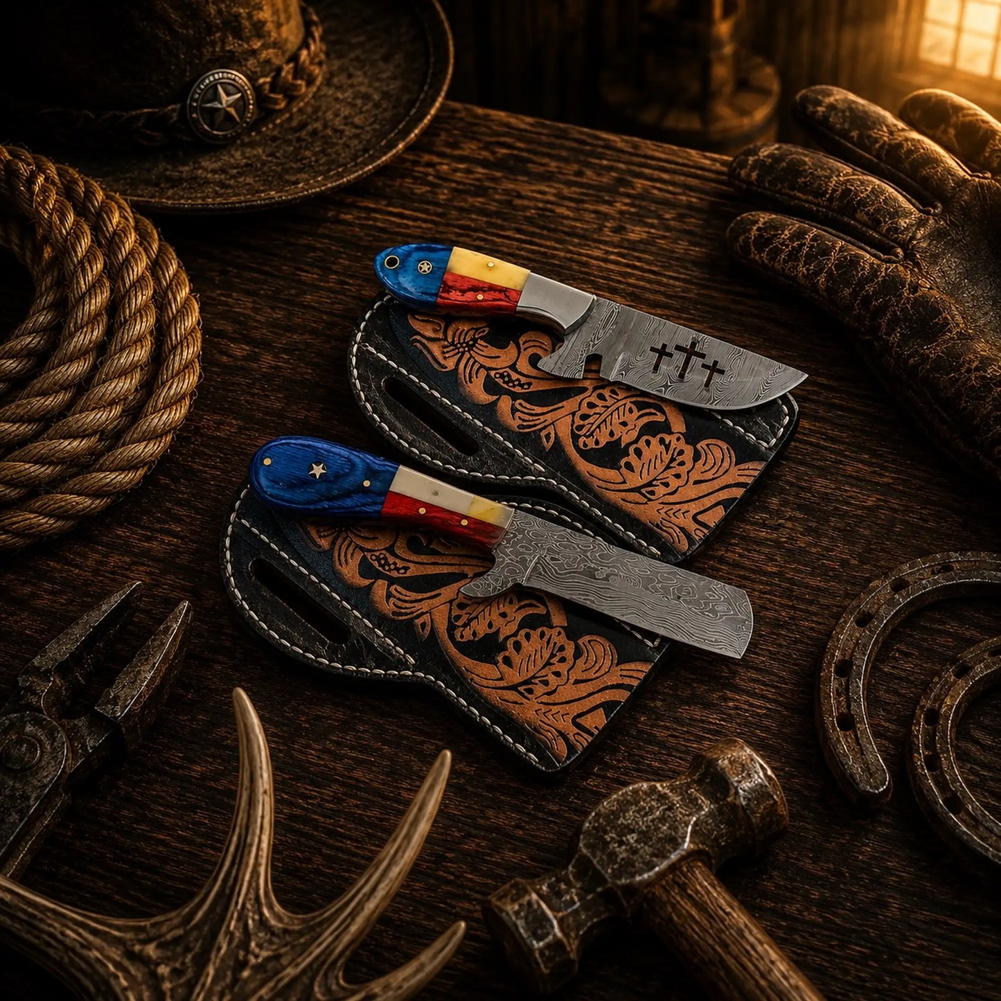 Texas Flag Bull Cutter & Hunting Set – Handmade Damascus Ranch Cowboy Belt Carry