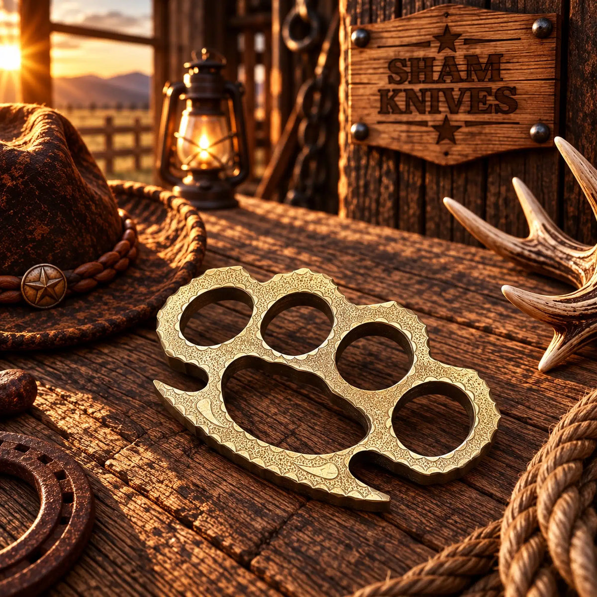 Handmade Western Engraved Brass Knuckle with Custom Leather Sheath