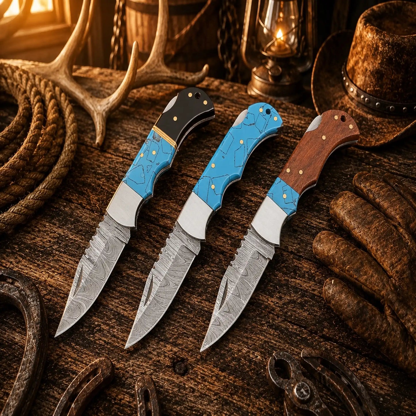 Trio Rancher Damascus Pocket Knife Set – Turquoise Stone & Buffalo Horn Handles