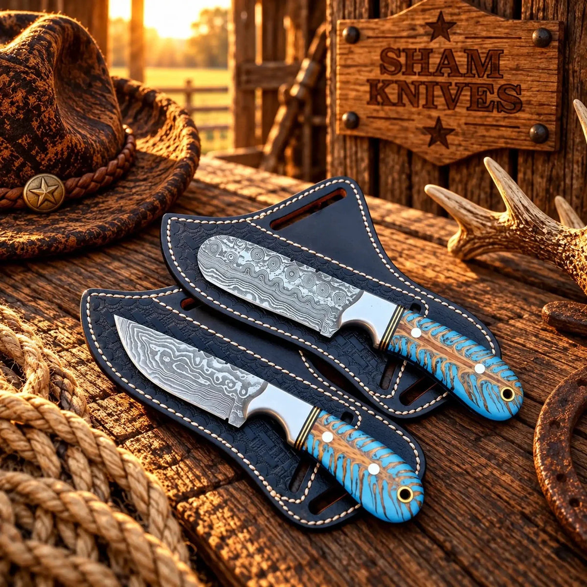 Turquoise Twilight Cowboy and bull cutter Knife – Damascus Steel Pine Cone Handles