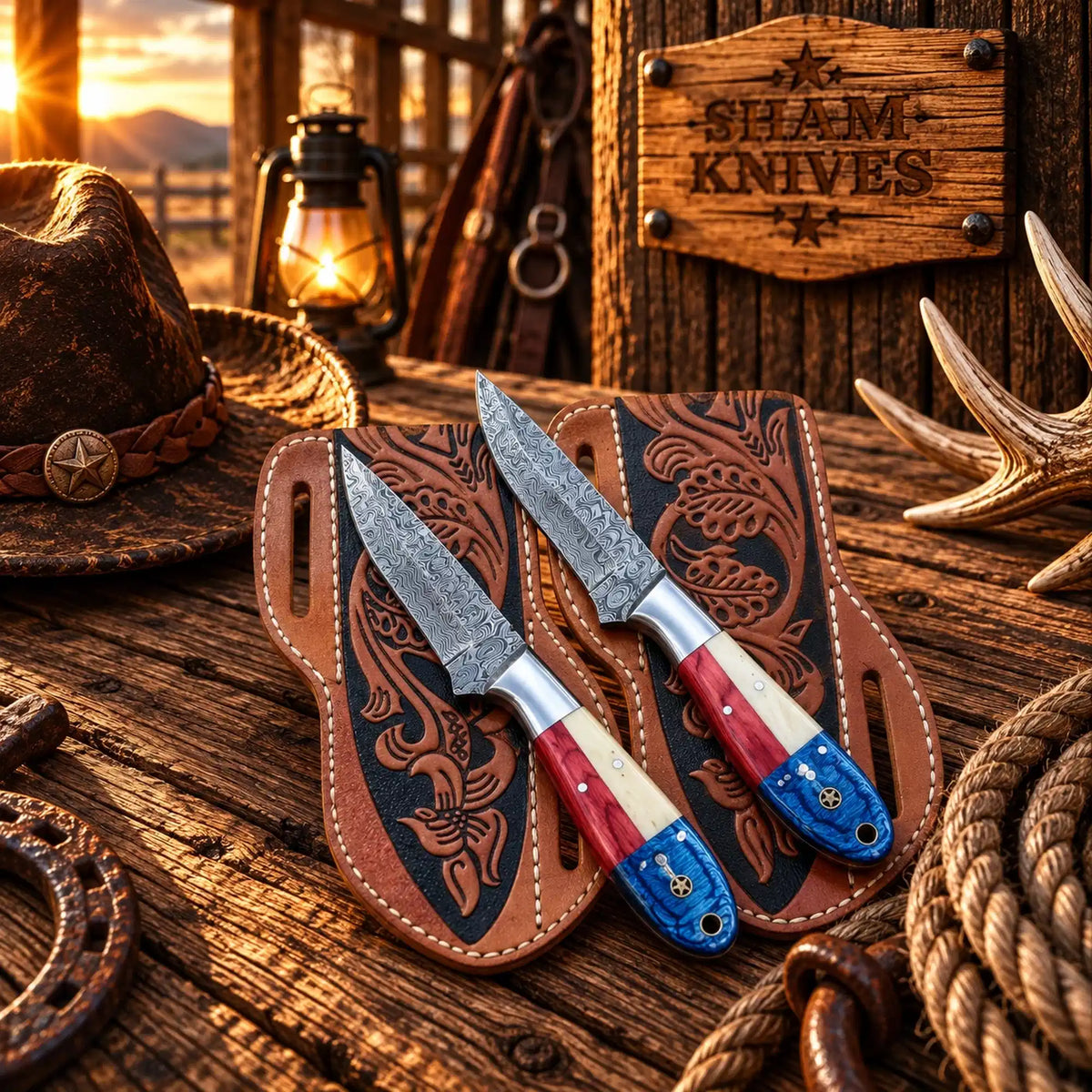 Custom Damascus Cowboy Skinner Set – USA Flag Handles & Sheaths