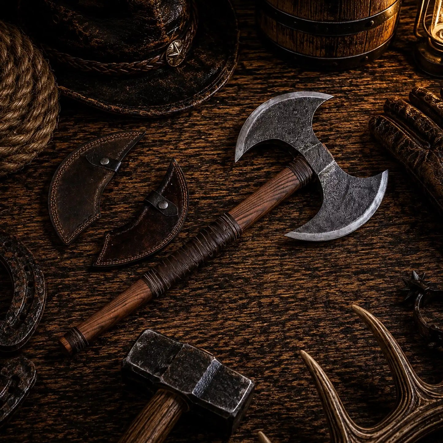 Double-Headed Viking Battle Axe – Forged Carbon Steel & Leather Grip