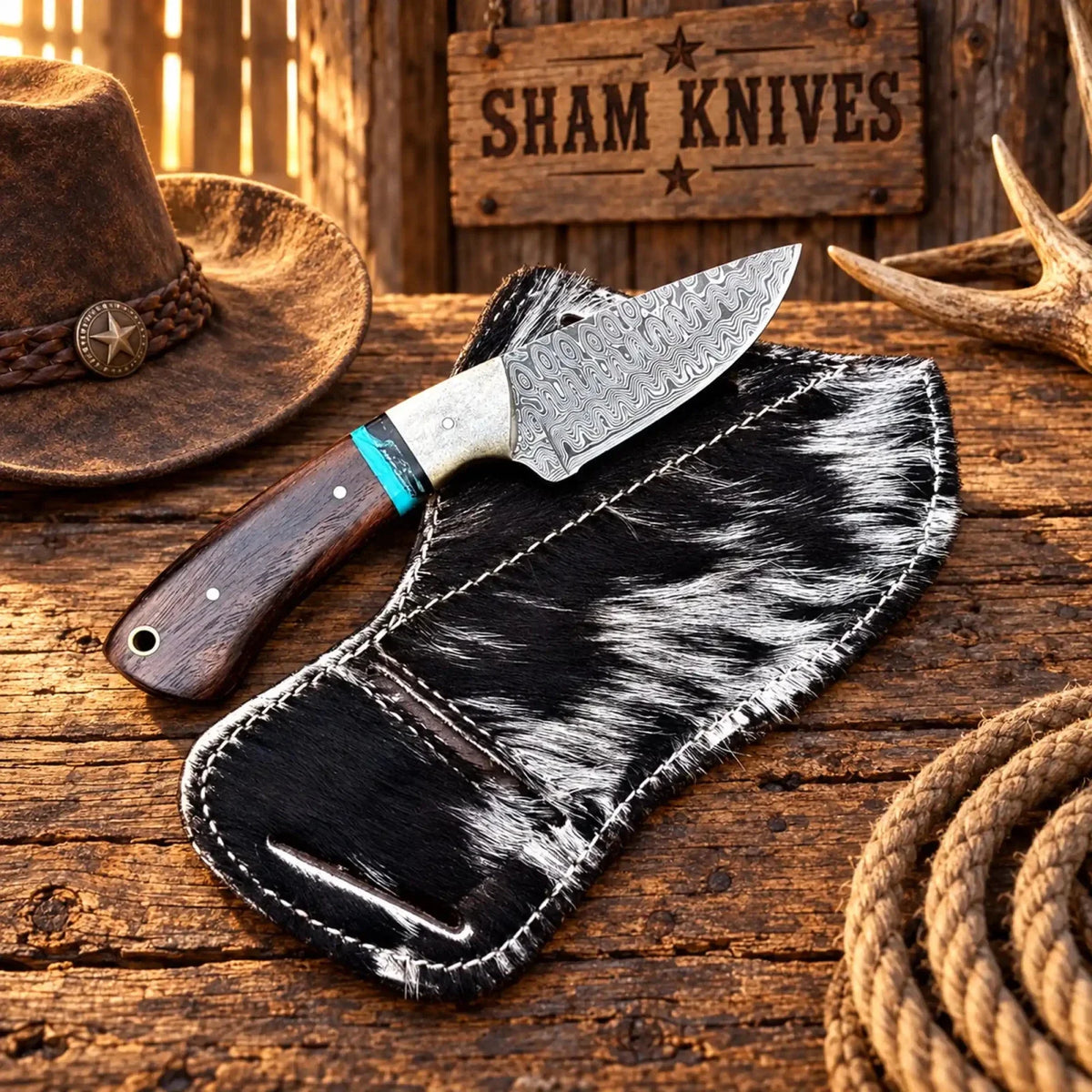 Western Belt Sheath Knife - 4" Raindrop Damascus Steel Wood & Bone Handle