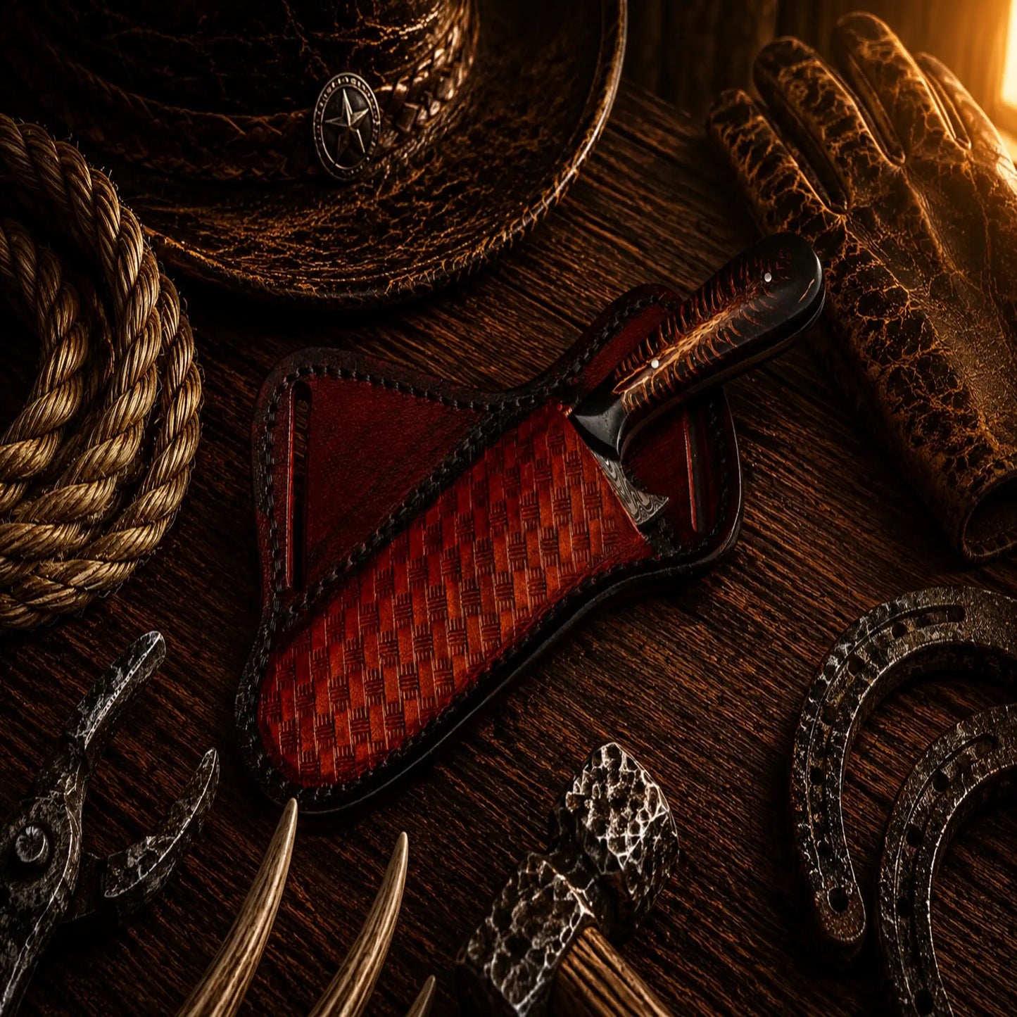 Outlaw Ranch Bull Cutter Knife – Damascus Steel Pinecone Handle