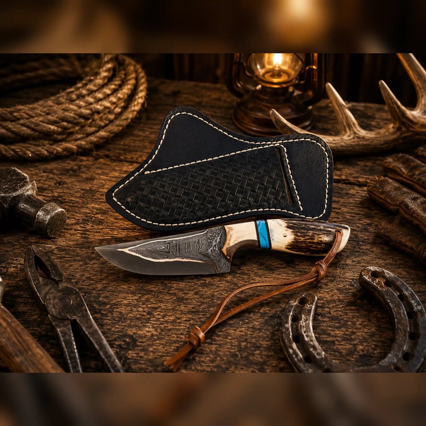 Western Ranch Skinning Knife 4” Copper Damascus with Stag Horn Handle & Cross Draw Sheath