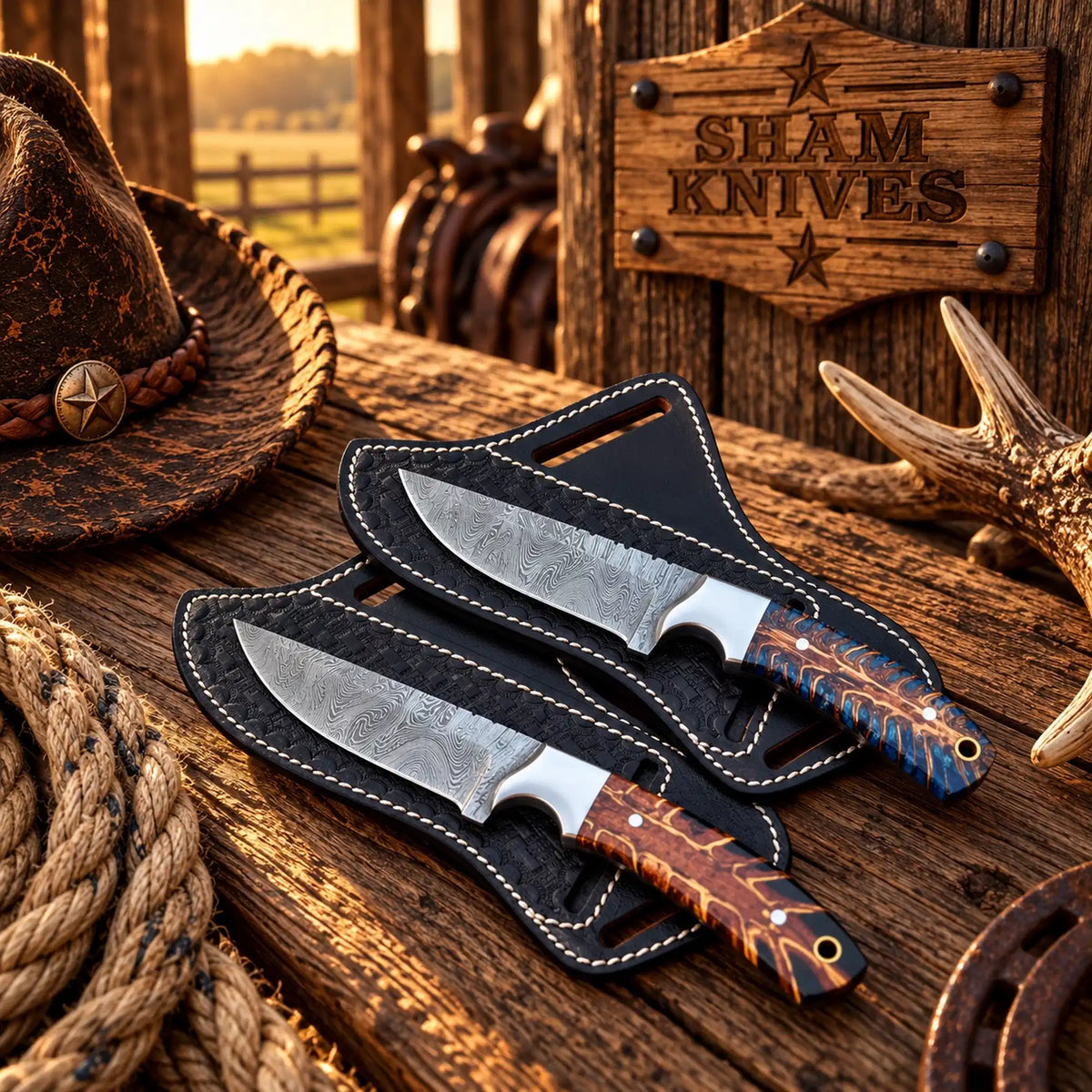 Whiskey Ridge Cowboy Skinner Duo – Damascus & Pine Cone Handles
