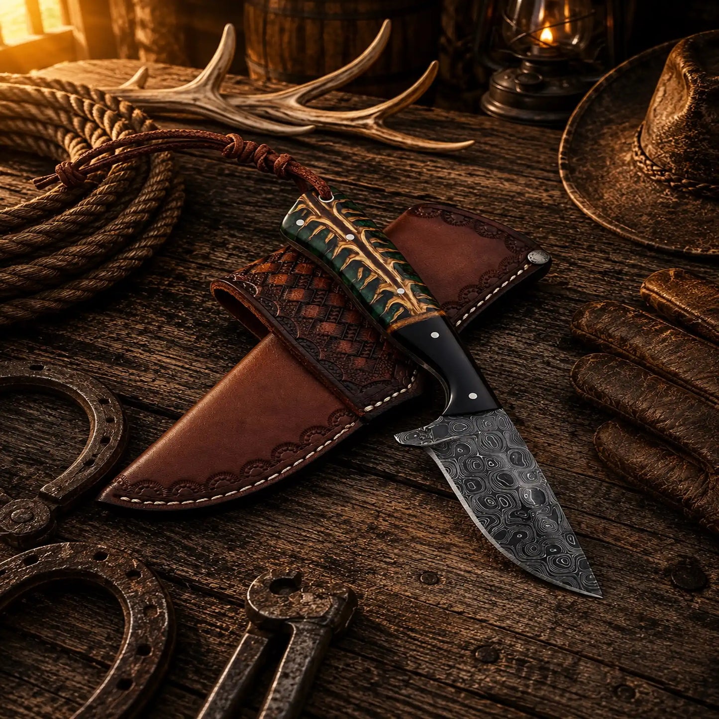 Working Cowboy Knife 3.5" Raindrop Damascus Steel Pinecone & Buffalo Horn Handle