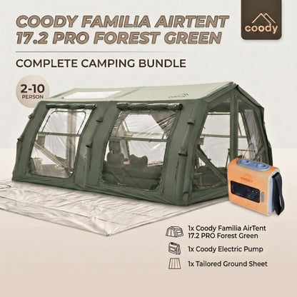 Coody Familia AirTent 17.2 PRO Forest Green (2-10 Person)+Electric Pump+TPU Door Forest Green+Ground Sheet