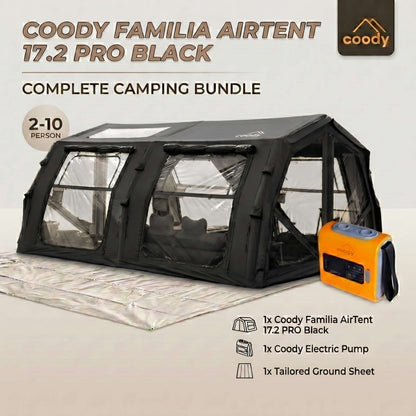 Coody Familia AirTent 17.2 PRO Black (2-10 Person)+Electric Pump+TPU Door Black+Ground Sheet
