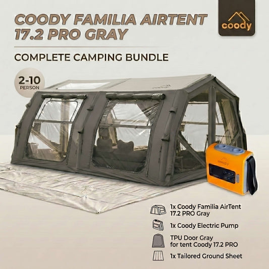 Coody Familia AirTent 17.2 PRO Gray (2-10 Person)+Electric Pump+TPU Door Gray+Ground Sheet