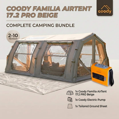 Coody Familia AirTent 17.2 PRO Beige (2-10 Person)+Electric Pump+TPU Door Beige+Ground Sheet