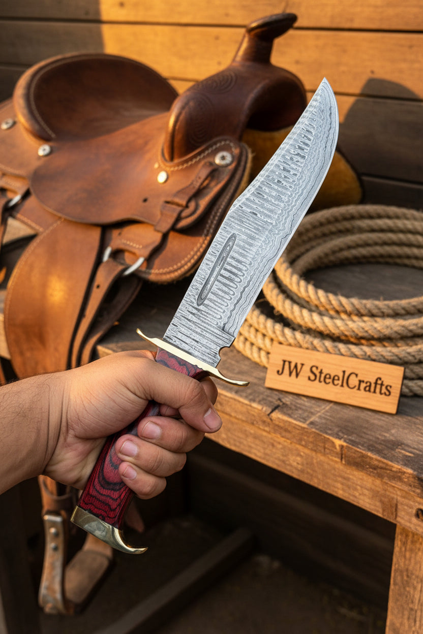 Handmade Damascus Clip Point Bowie Utility Knife Fixed Blade Pakka Wood Handle with Guard