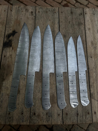 6-Piece Handmade Damascus Chef Knife Blank Set, Forged Steel Blades, Custom Knife Making Supply