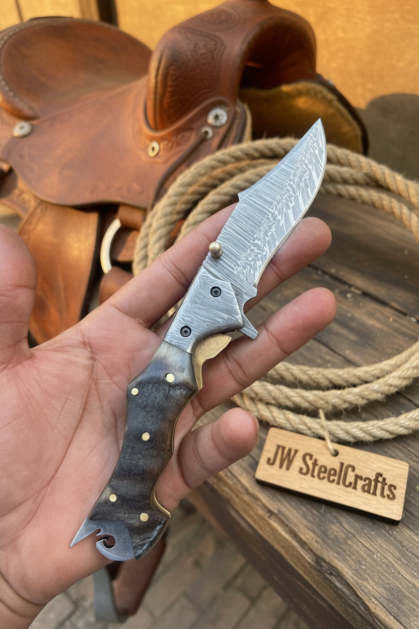 Grithorn Damascus Folder 7" Handmade Horn Handle Lock Back Mechanism