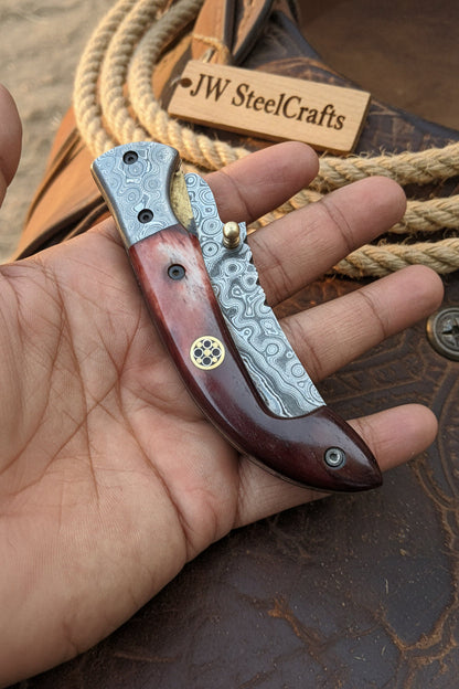 Twilight Burl Folder Knife 7" Handmade Burl Wood Damascus Blade