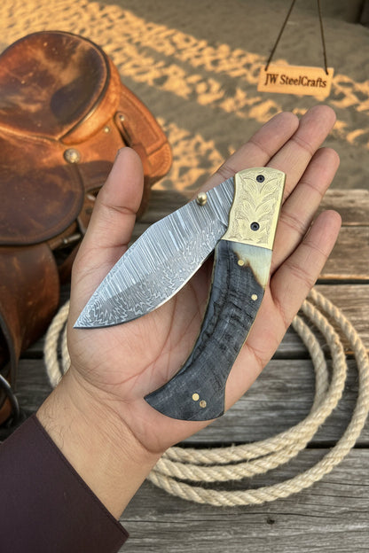 Stagline Damascus Folder 7" Handmade Horn Handle Damascus Bolster