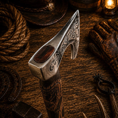 OTHALA Hand Forged Viking Axe – Carved Ash Wood & Leather Sheath