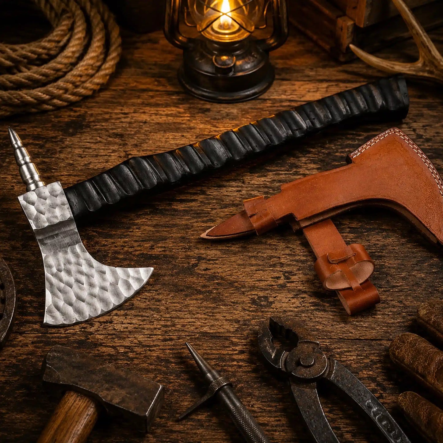 The Iron Talon 1075 Carbon Steel Spike Tomahawk – Jigged Hard Wood Handle with Leather Sheath