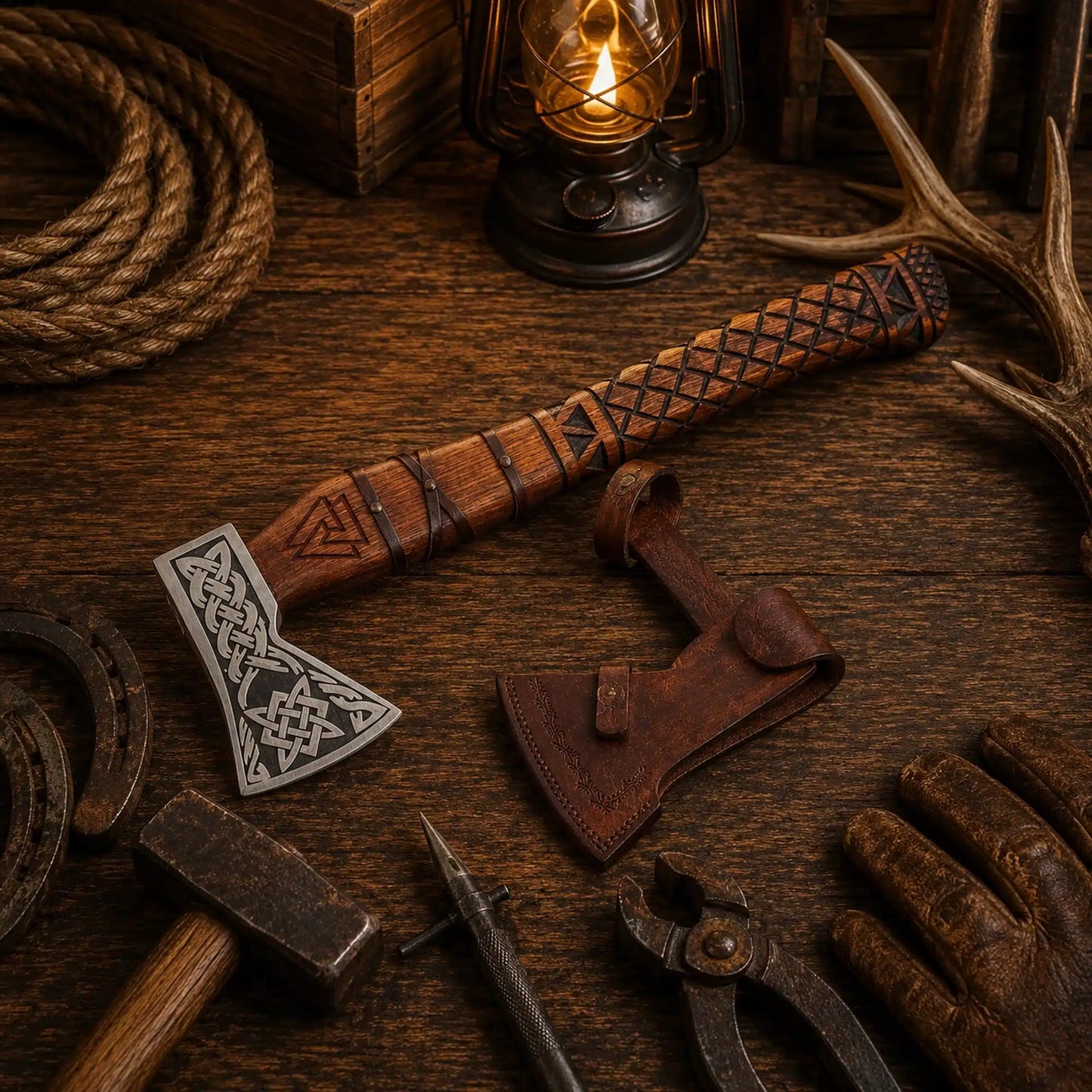 Runic & Celtic Engraved Viking Axe – 1095 Carbon Steel & Ash Wood