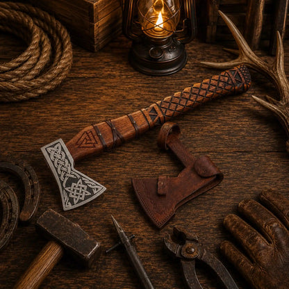 Runic & Celtic Engraved Viking Axe – 1095 Carbon Steel & Ash Wood