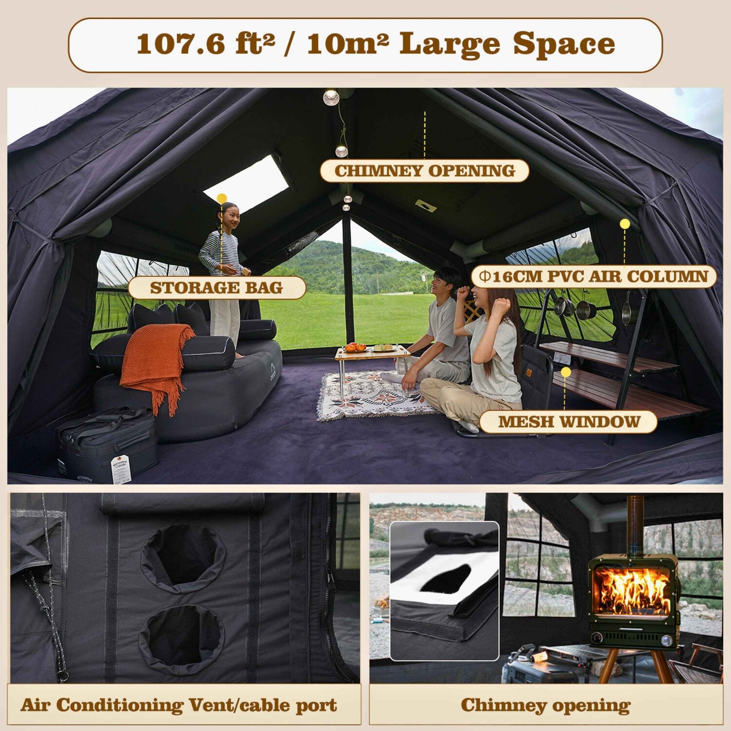 Coody 10 Black + Stove Caminus S - Inflatable Tents with Stove