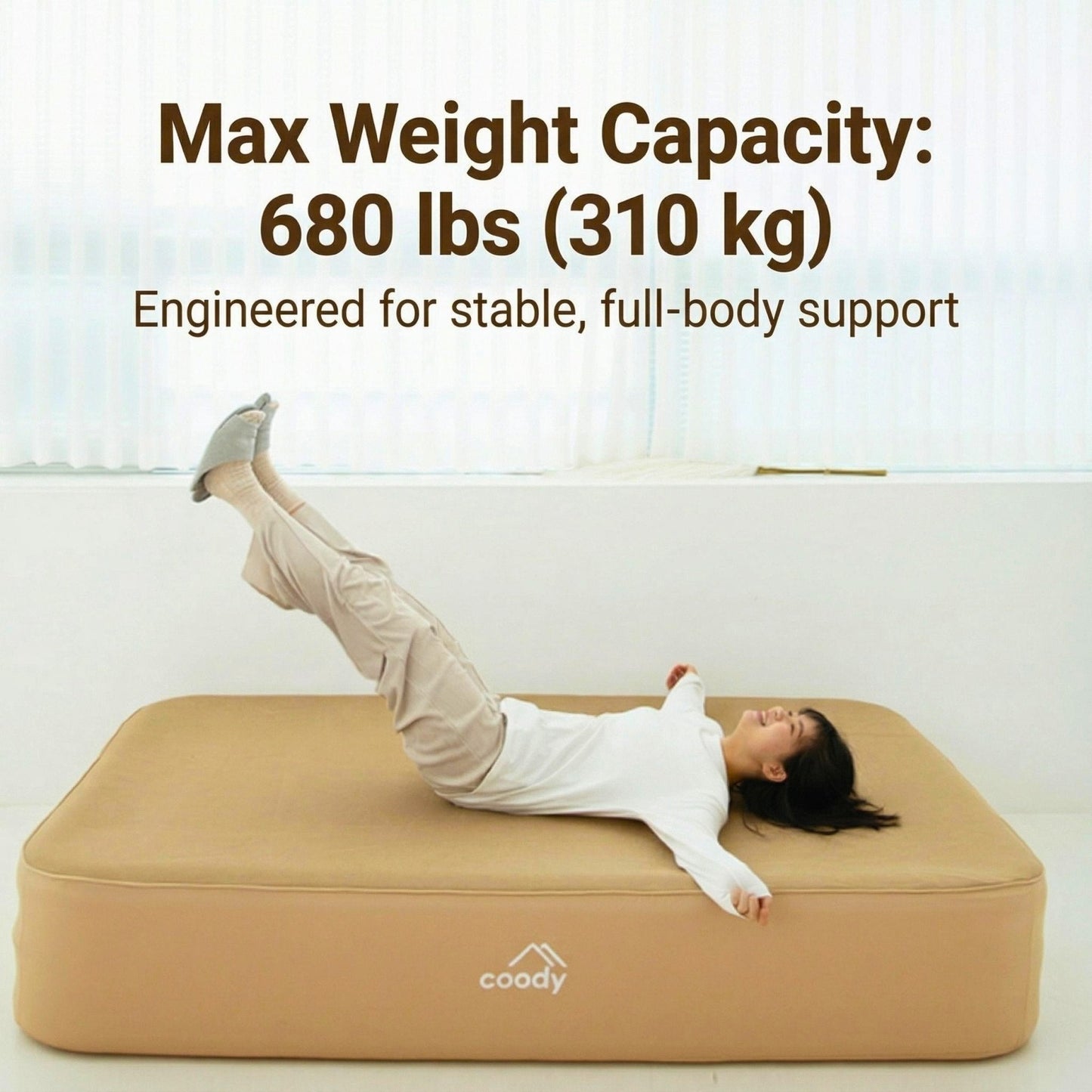 Coody Air Mattress Beige King (197×184×35 cm) – Premium Air Bed with Built-in Pump