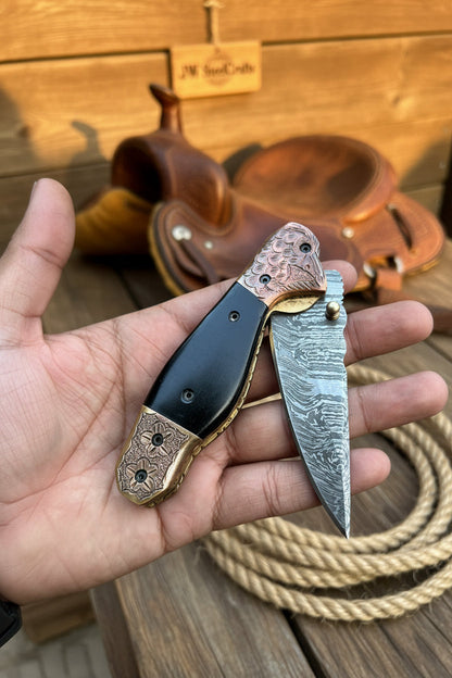 Duskhorn Damascus Folder 7.5" Handmade Micarta Handle Horn Bolster