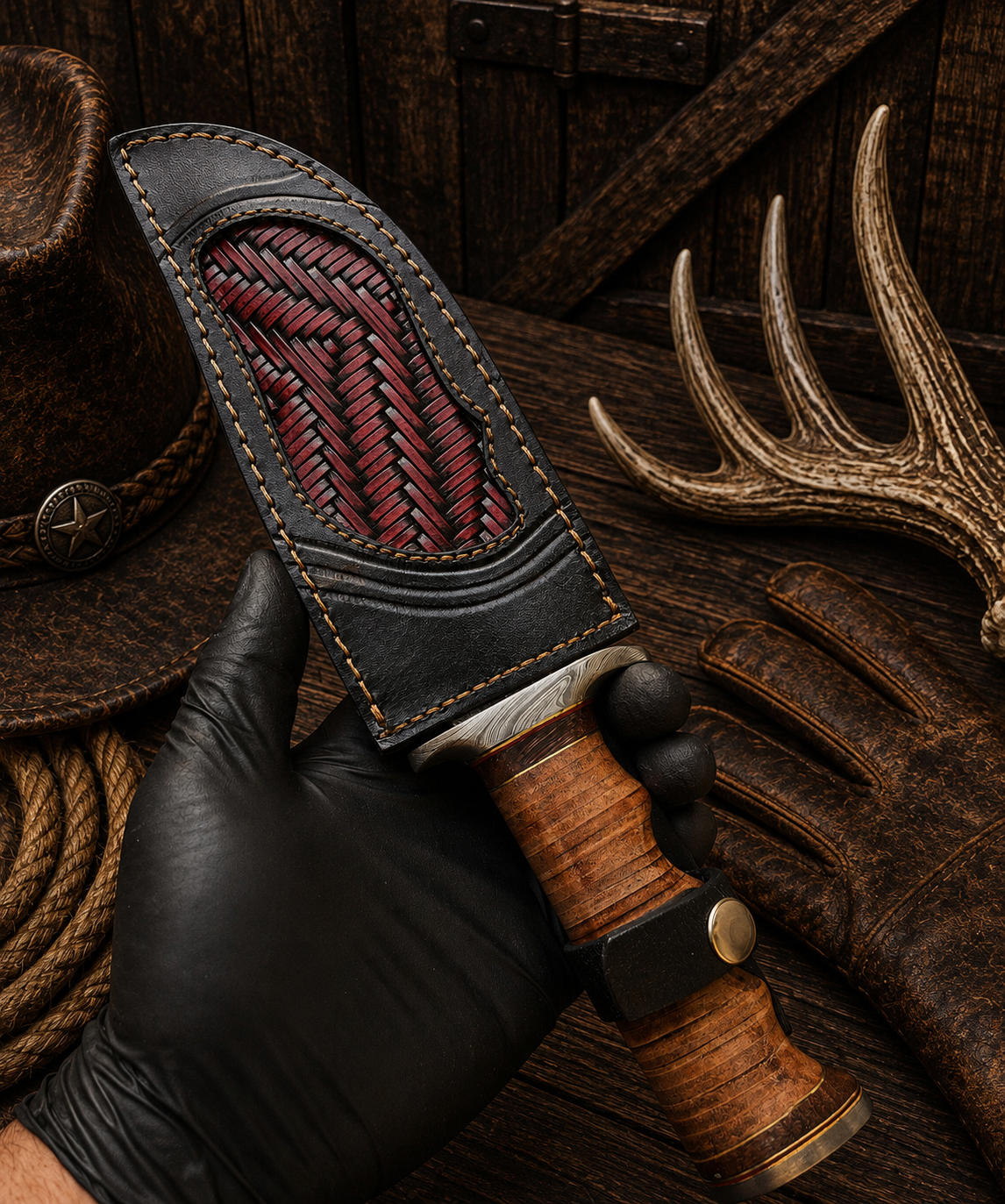 Ironhide Legend Bowie Knife – Damascus Steel & Stacked Leather Handle