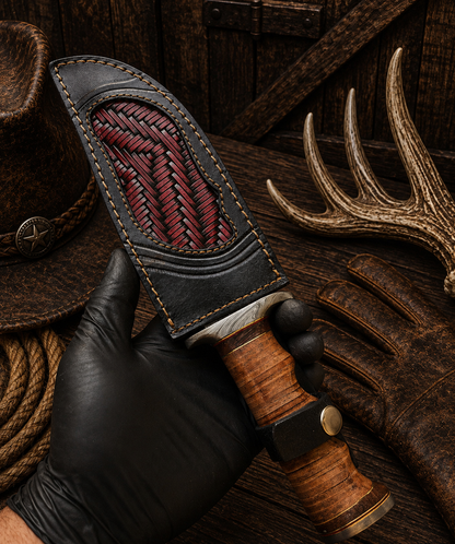 Ironhide Legend Bowie Knife – Damascus Steel & Stacked Leather Handle
