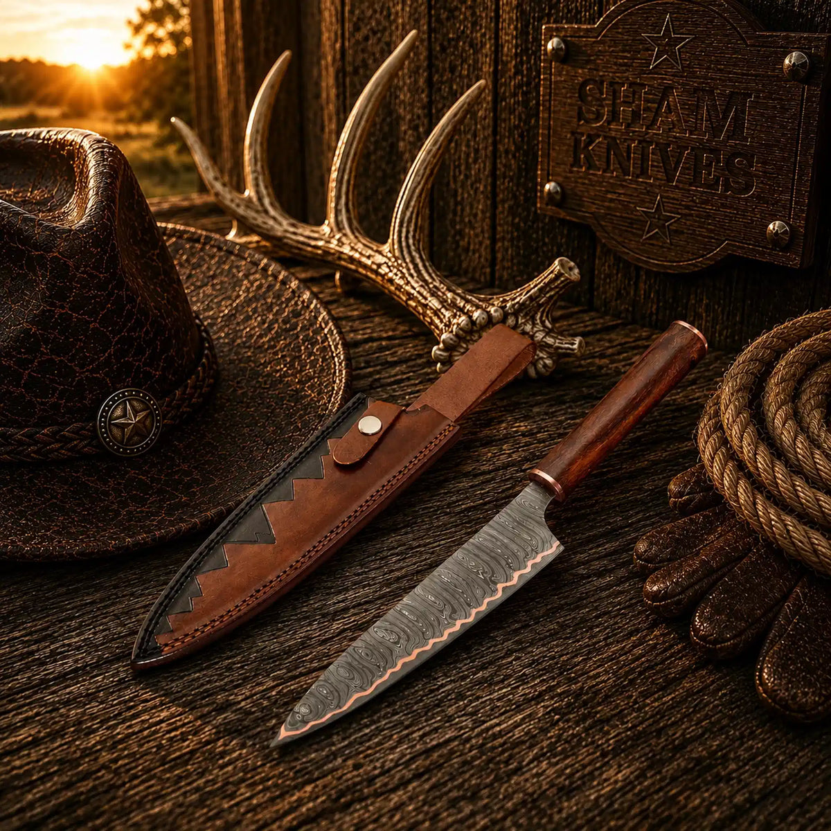 13.5″ Copper Damascus Chef Knife – Rosewood Handle & Sheath