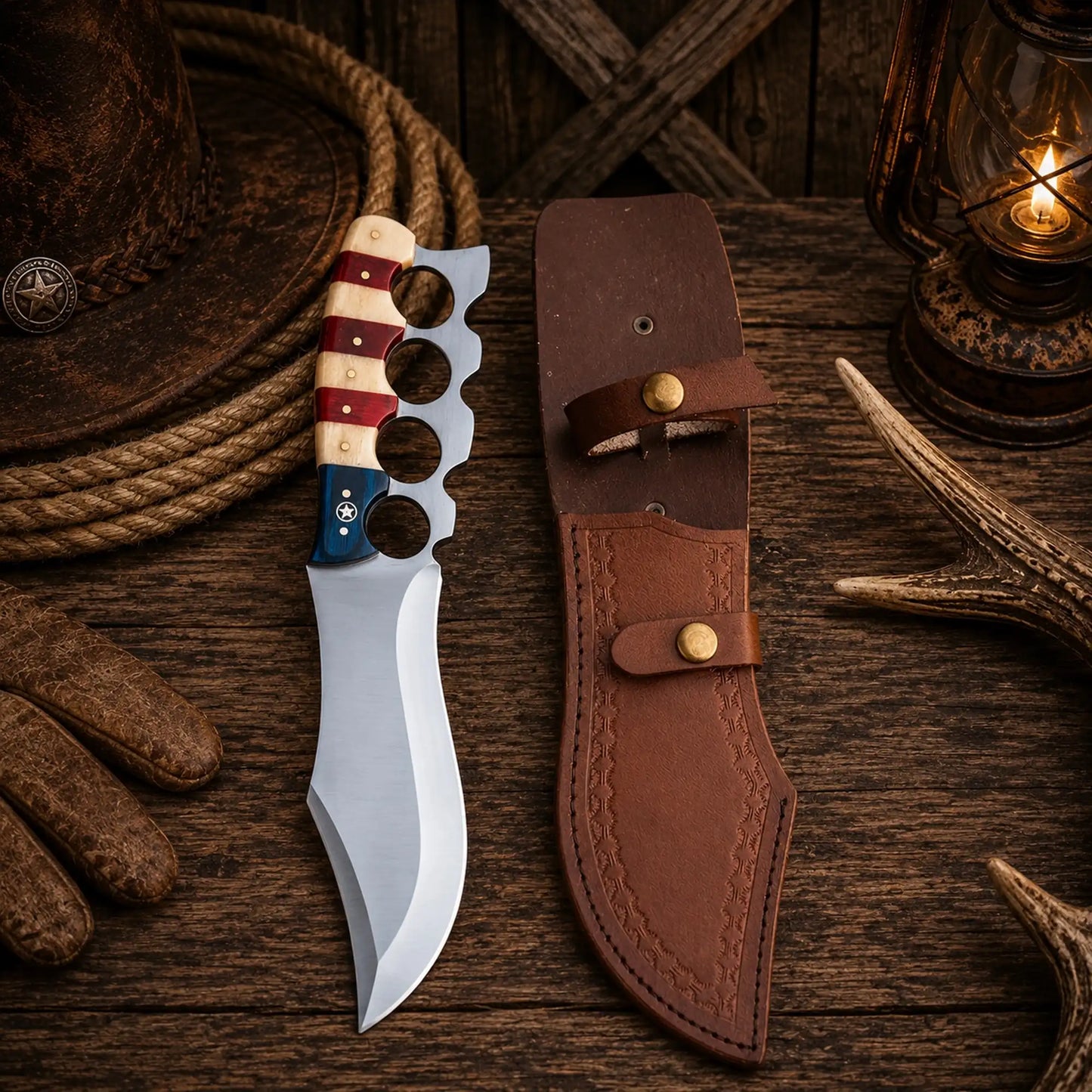 Texas Ranger Bowie Knife – D2 Steel, Finger-Ring Handle & Sheath