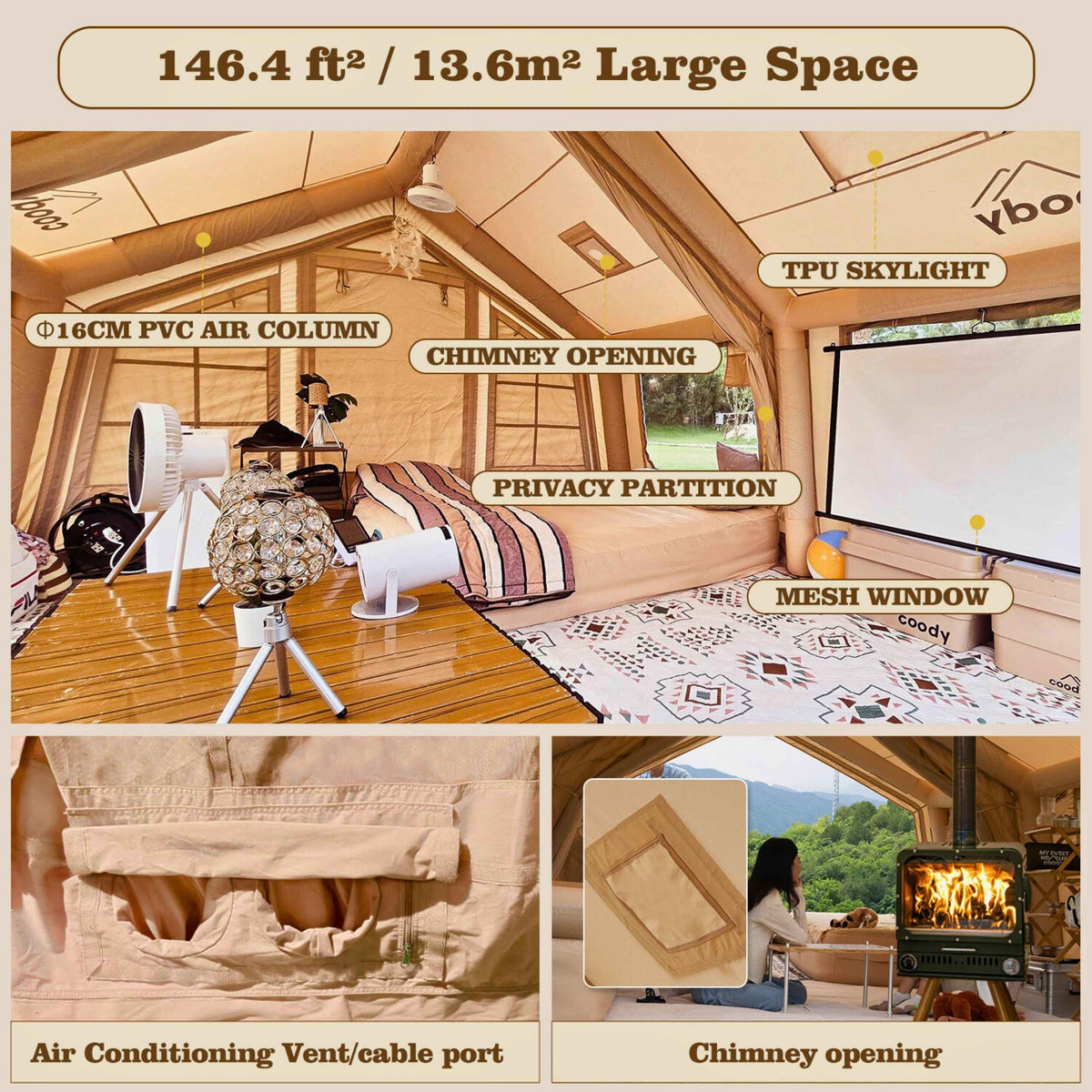 Coody Familia AirTent 13.6 Beige – Inflatable Hot Tent with Stove Jack for Camping, 2–8 People