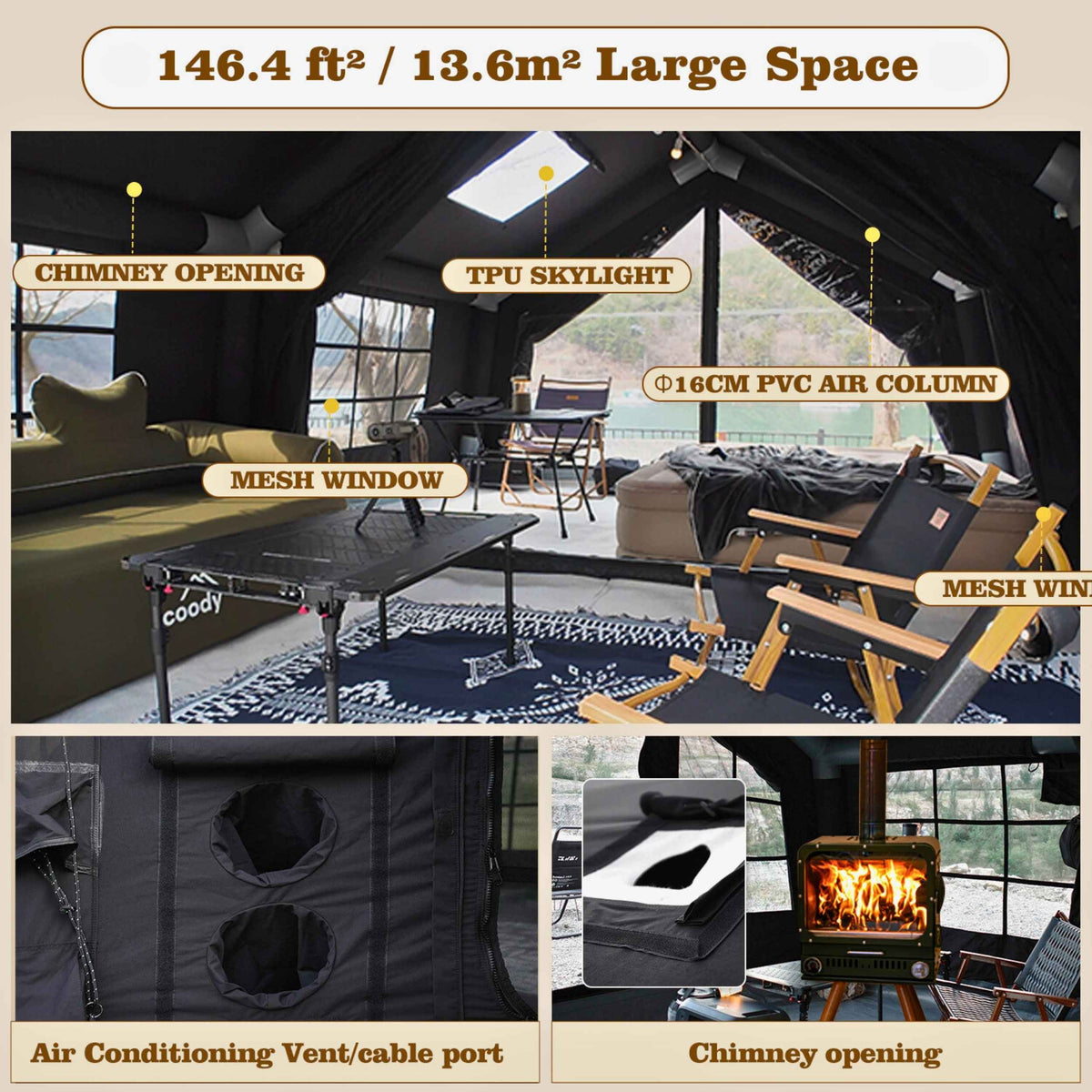 Coody Familia AirTent 13.6 Black – Inflatable Hot Tent with Stove Jack for Camping, 2–8 People